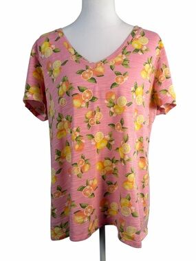 Talbots Pink Citrus Fruit Print Cotton V-Neck Tee - Size XL - Lemons & Oranges